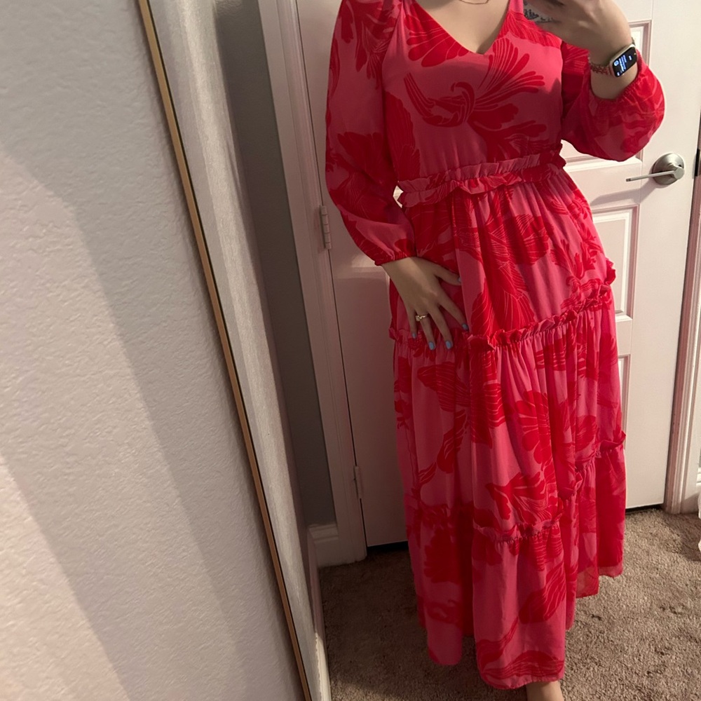 Elegant Modest Red and Pink Floral Long Sleeve Dress